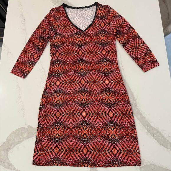 Sandwich Dresses & Skirts - Sandwich Long Sleeve V-Neck Knee Length Stretchy Dress Women's Small Pink/Orange